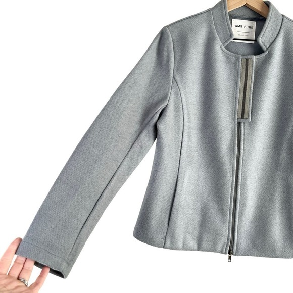AMS Pure Wool Blend Mockneck Zip Front Blazer Jacket in Light Grey Blue, Size 12 - Picture 7 of 12